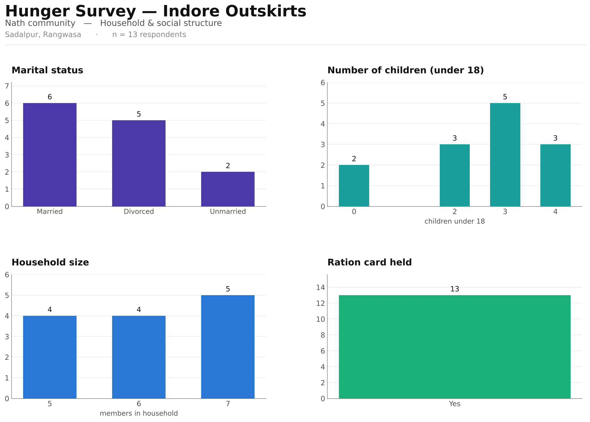 Indore outskirts: marital status (notably divorced/widowed), children, household size and ration-card holding.