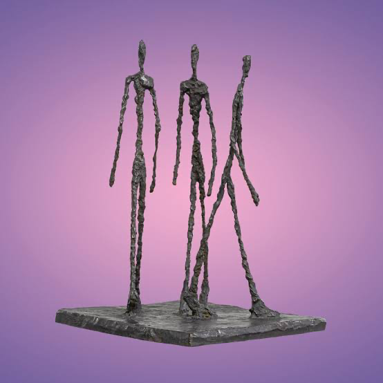 Alberto Giacometti — three tall, emaciated bronze figures standing together on a base.